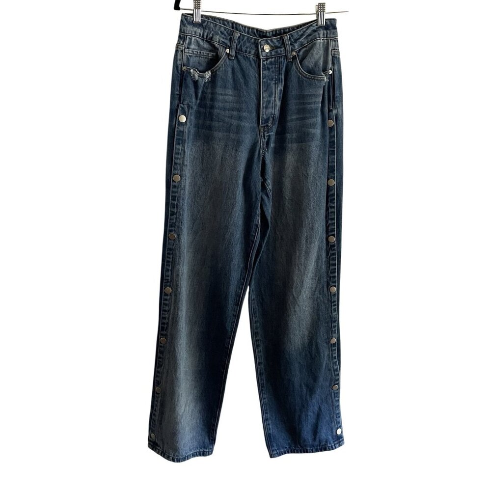 AiiRZ Women 27 Blue Denim Y2K 90s Casual High Rise Side Snap Wide Leg Jeans